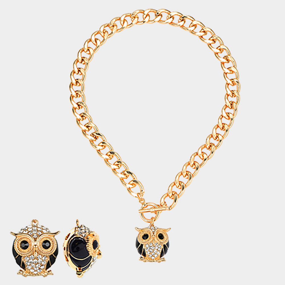 iLLASPARKZ Stone Embellished Owl Pendant Toggle Necklace