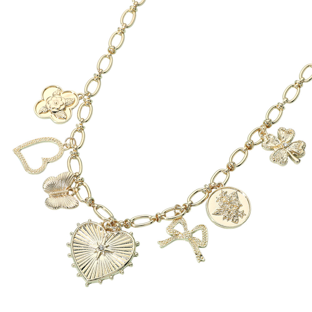 iLLASPARKZ Metal Heart Butterfly Bow Clover Stone Cluster Charm Station Necklace
