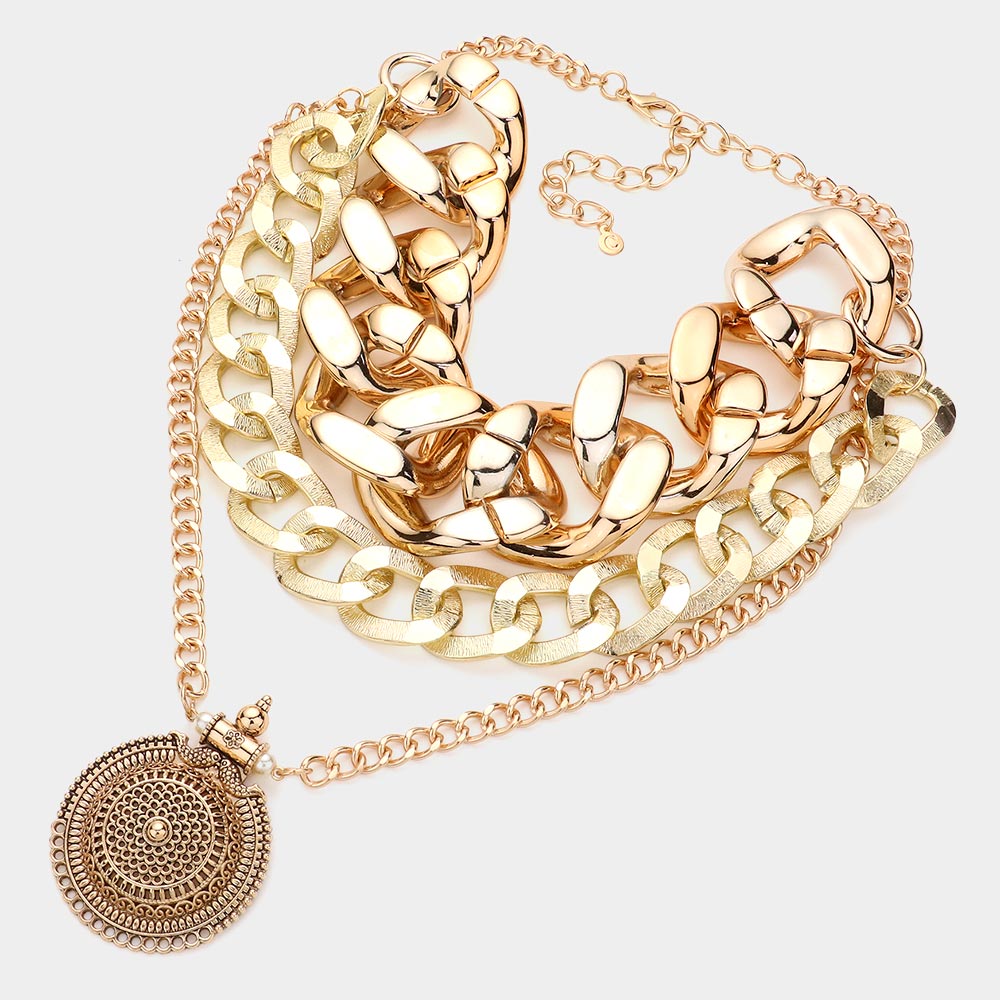 iLLASPARKZ Antique Metal Round Accented Chain Link Statement Necklace