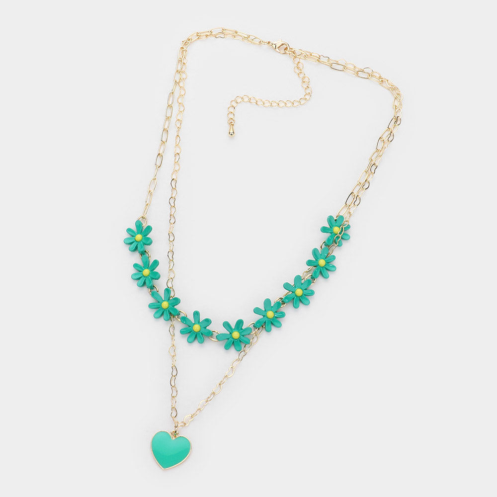 iLLASPARKZ Enamel Heart Pendant Flower Link Double Layered Necklace