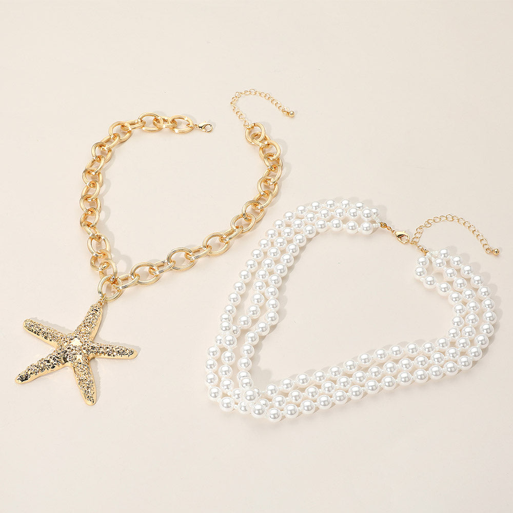 iLLASPARKZ 2PCS - Textured Metal Starfish Pendant Pearl Beaded Layered Necklaces