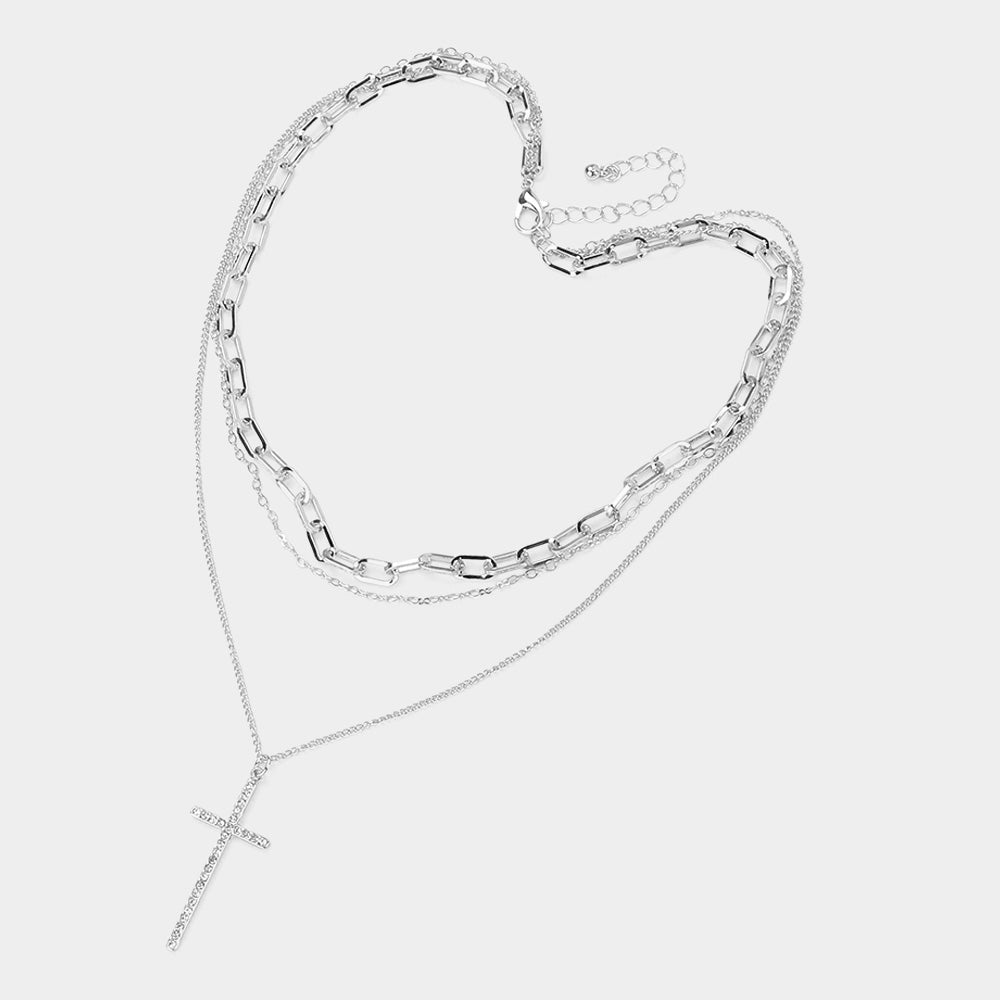 iLLASPARKZ Stone Paved Cross Pendant Pointed Triple Metal Chain Layered Necklace