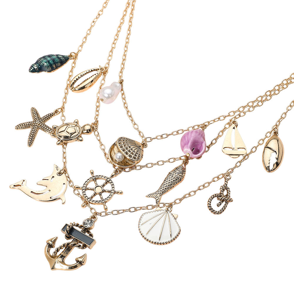 iLLASPARKZ Anchor Sea Shell Pearl Dolphin Fish Rope Sea Turtle Charm Embellished Triple Layered Necklace