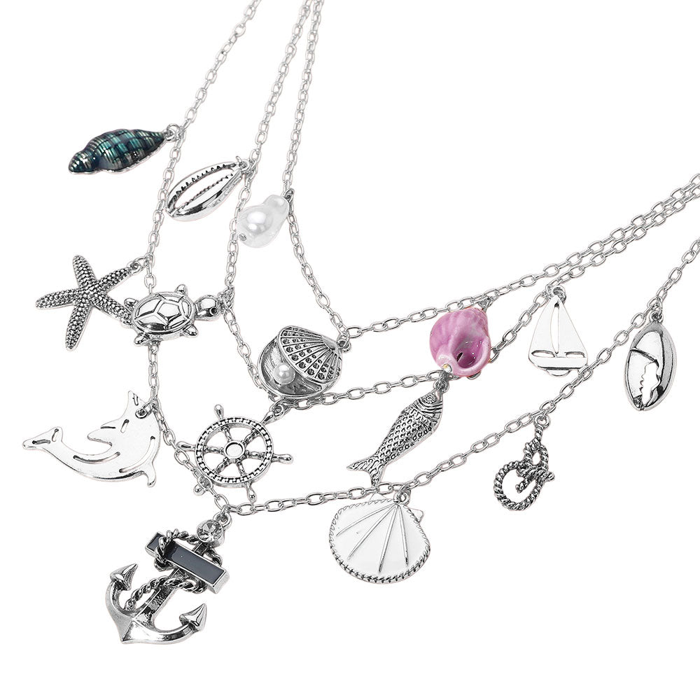 iLLASPARKZ Anchor Sea Shell Pearl Dolphin Fish Rope Sea Turtle Charm Embellished Triple Layered Necklace
