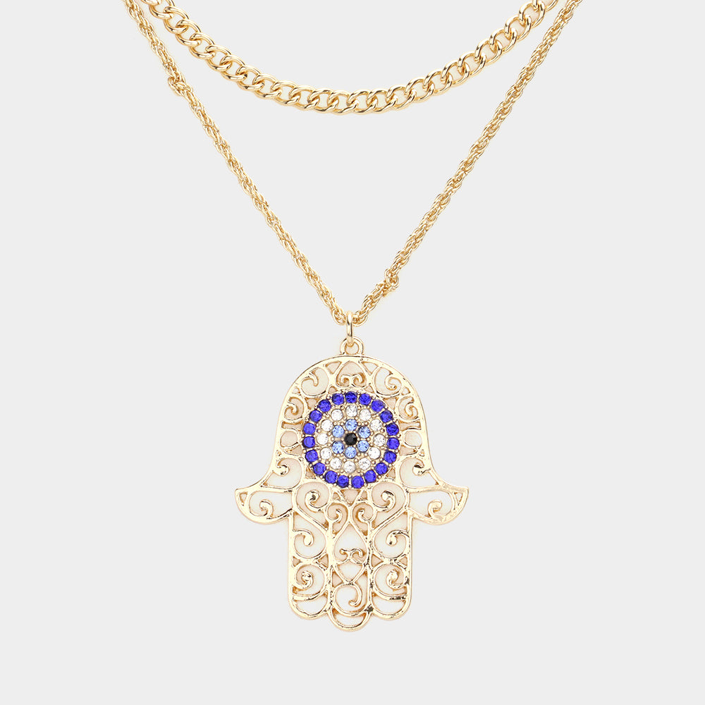 iLLASPARKZ Rhinestone Evil Eye Filigree Hamsa Hand Pendant Double Layered Necklace