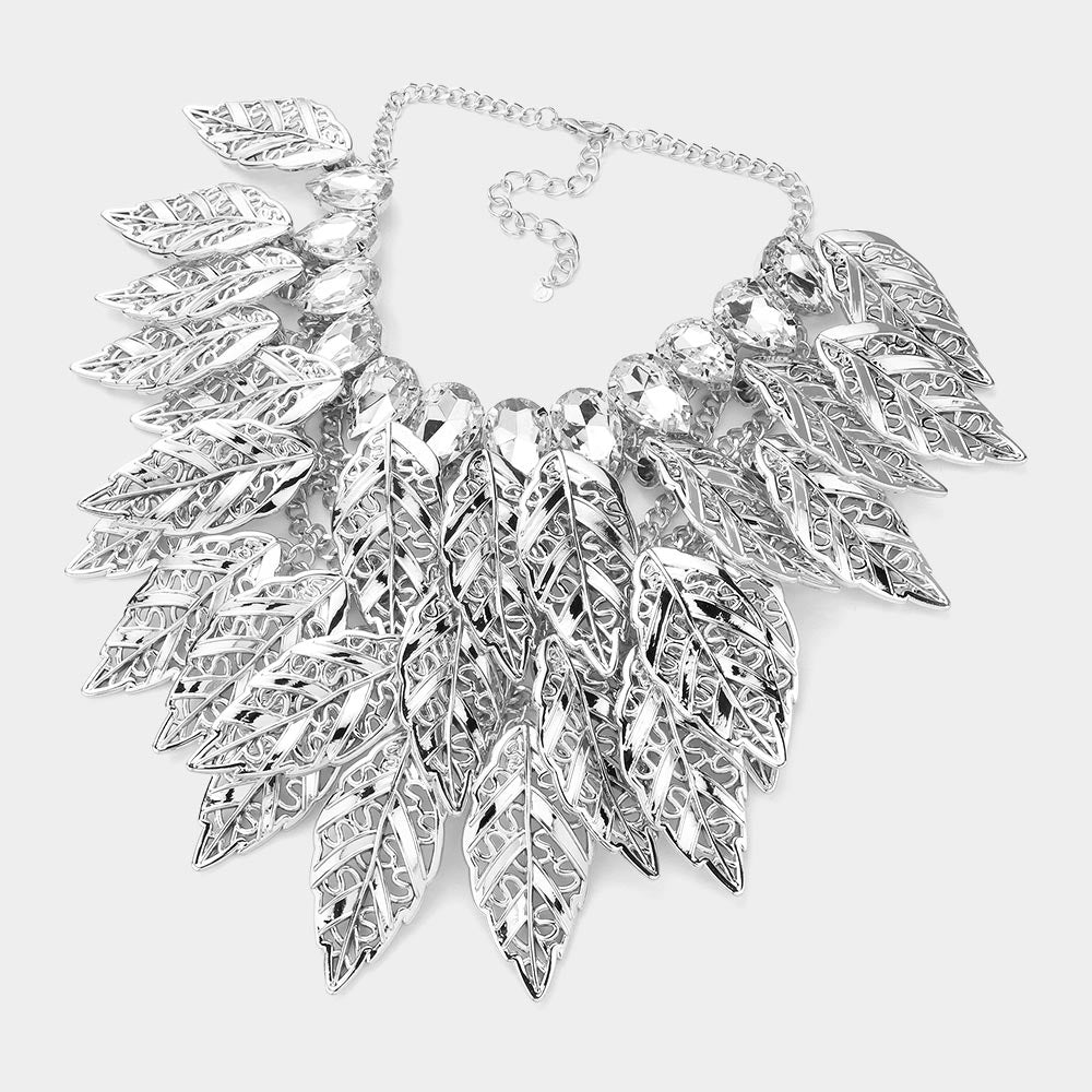 iLLASPARKZ Metal Leaves Stone Embellished Statement Necklace