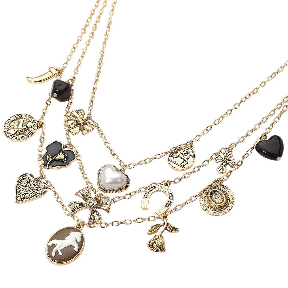 iLLASPARKZ Pearl Heart Western Horse Cameo Horseshoe Flower Bow Charm Embellished Triple Layered Necklace