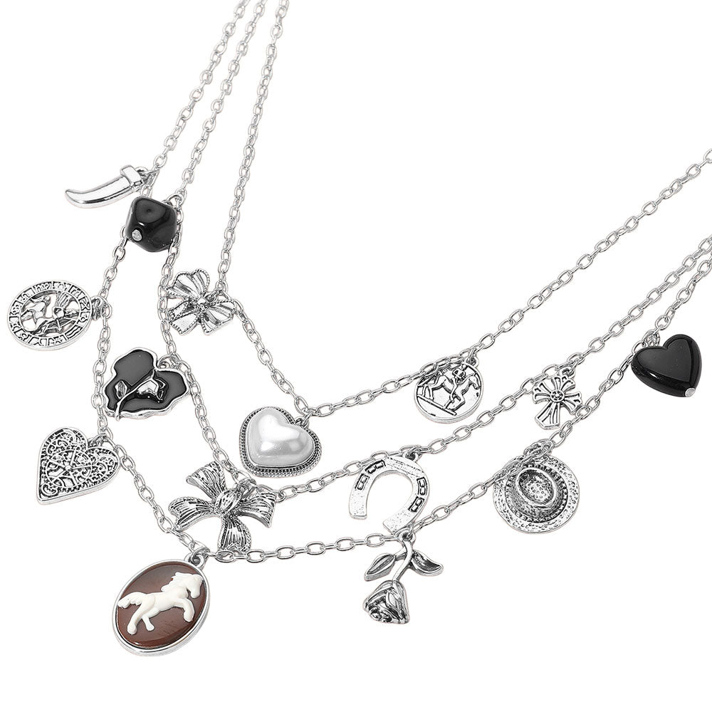 iLLASPARKZ Pearl Heart Western Horse Cameo Horseshoe Flower Bow Charm Embellished Triple Layered Necklace