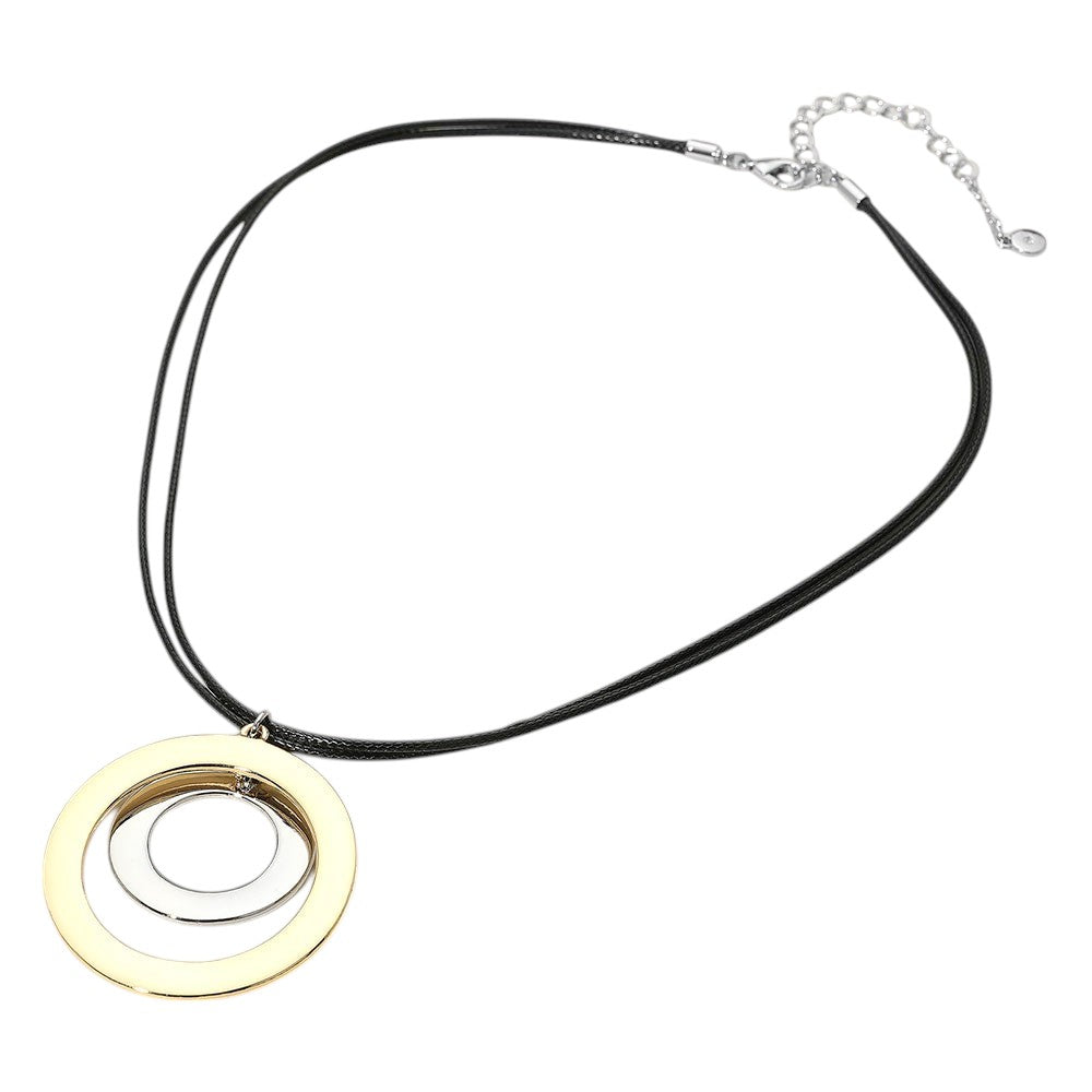 iLLASPARKZ Two Tone Metal Double Layered Ring Pendant Faux Leather Cord Necklace
