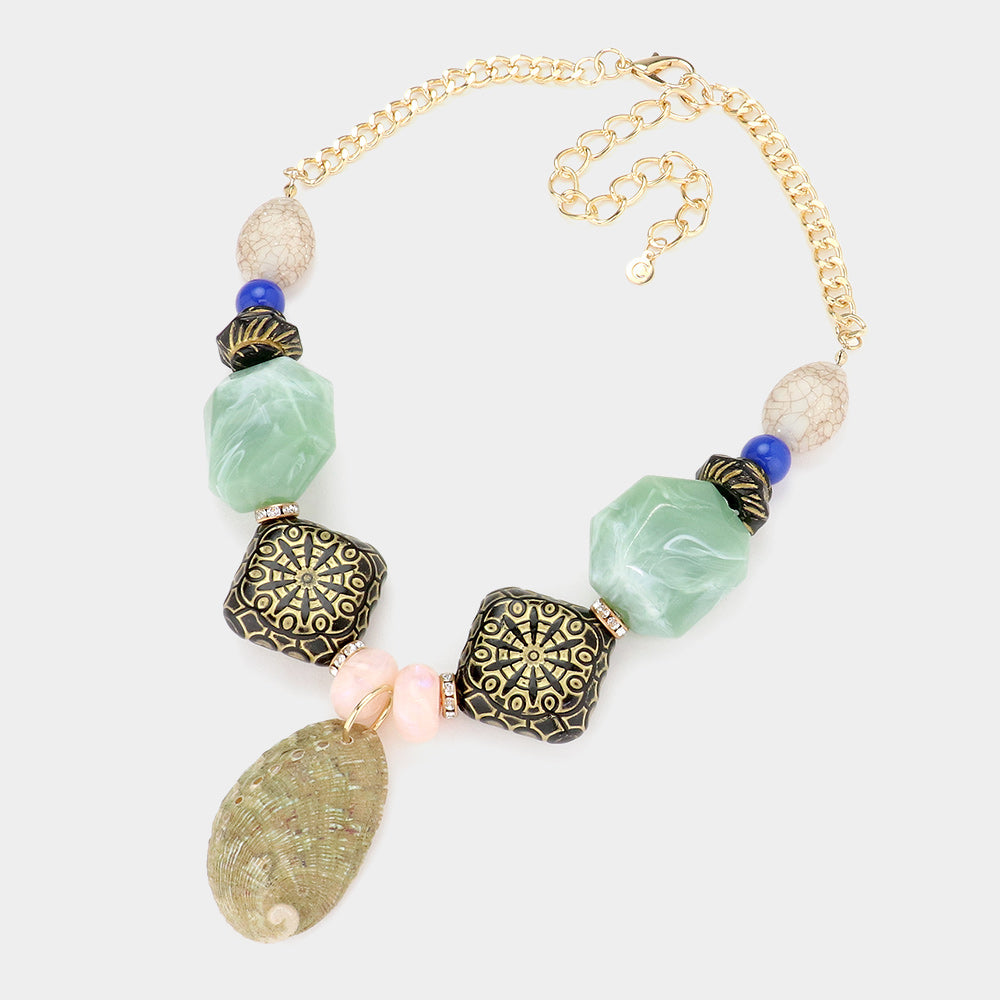 iLLASPARKZ Shell Pendant Pointed Wood Natural Stone Beaded Bib Necklace