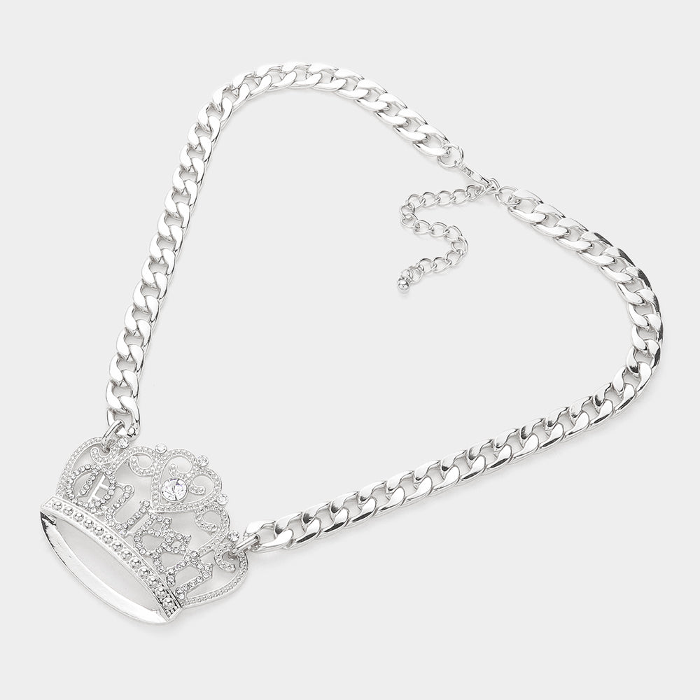 iLLASPARKZ Stone Paved QUEEN Message Accented Crown Pendant Chunky Chain Necklace