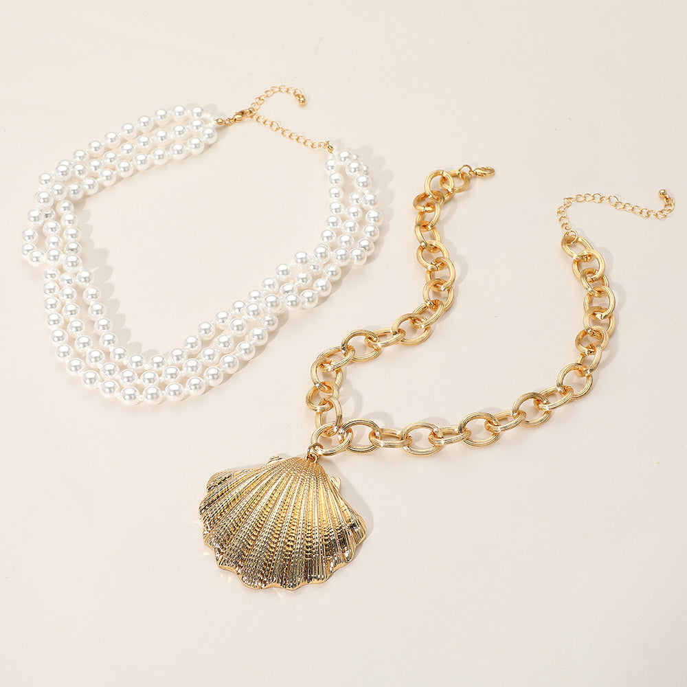 iLLASPARKZ 2PCS - Textured Metal Shell Pendant Pearl Beaded Layered Necklaces