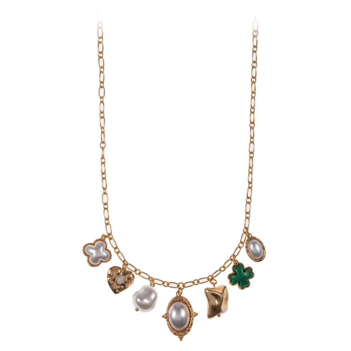 iLLASPARKZ Pearl Quatrefoil Heart Clover Metal Nugget Charm Station Necklace