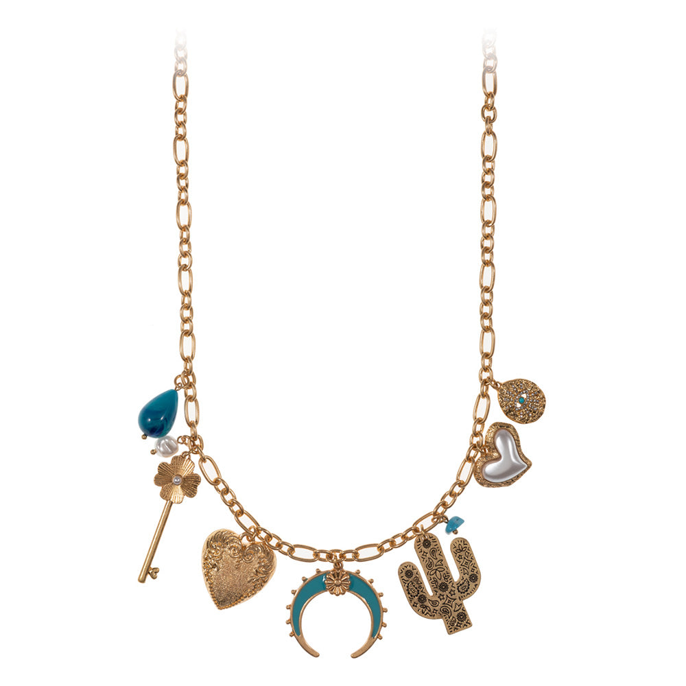 iLLASPARKZ Western Cactus Pearl Heart Metal Flower Key Crescent Charm Station Necklace