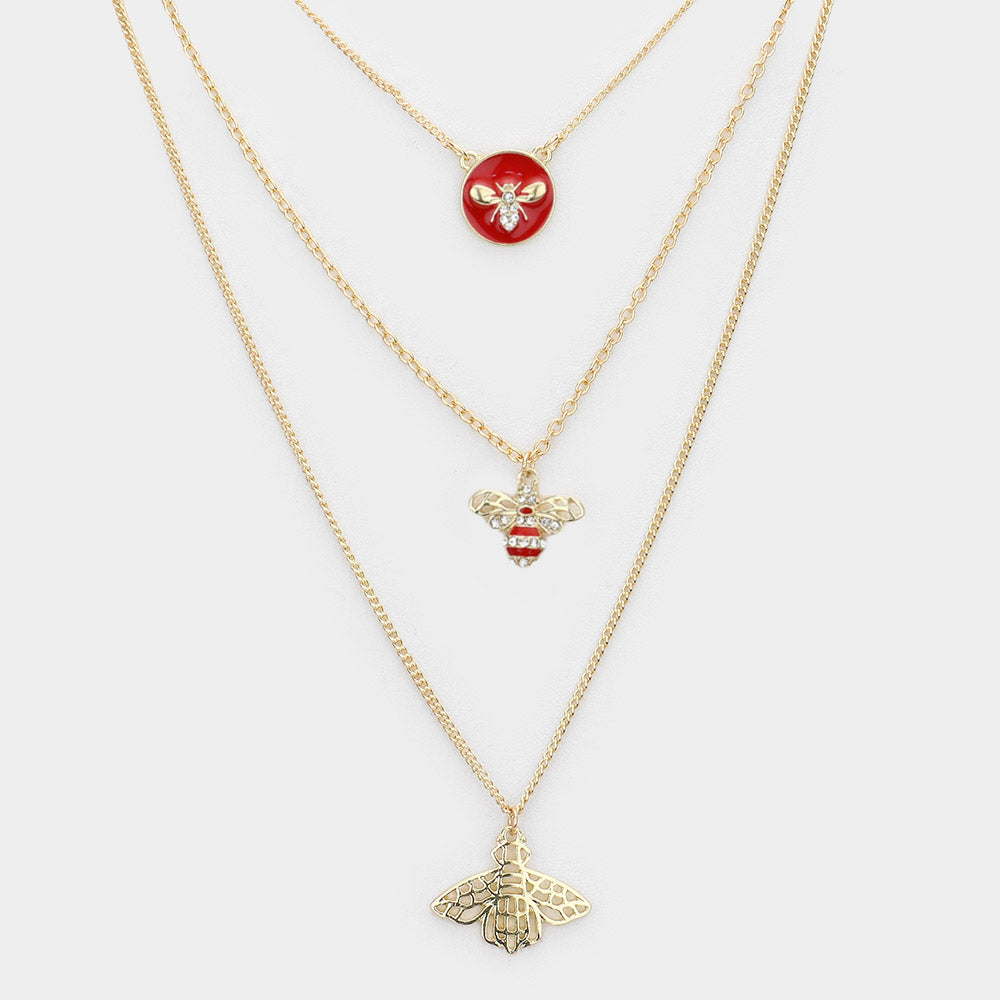 iLLASPARKZ Enamel Rhinestone Embellished Honey Bee Pendant Triple Layered Necklace