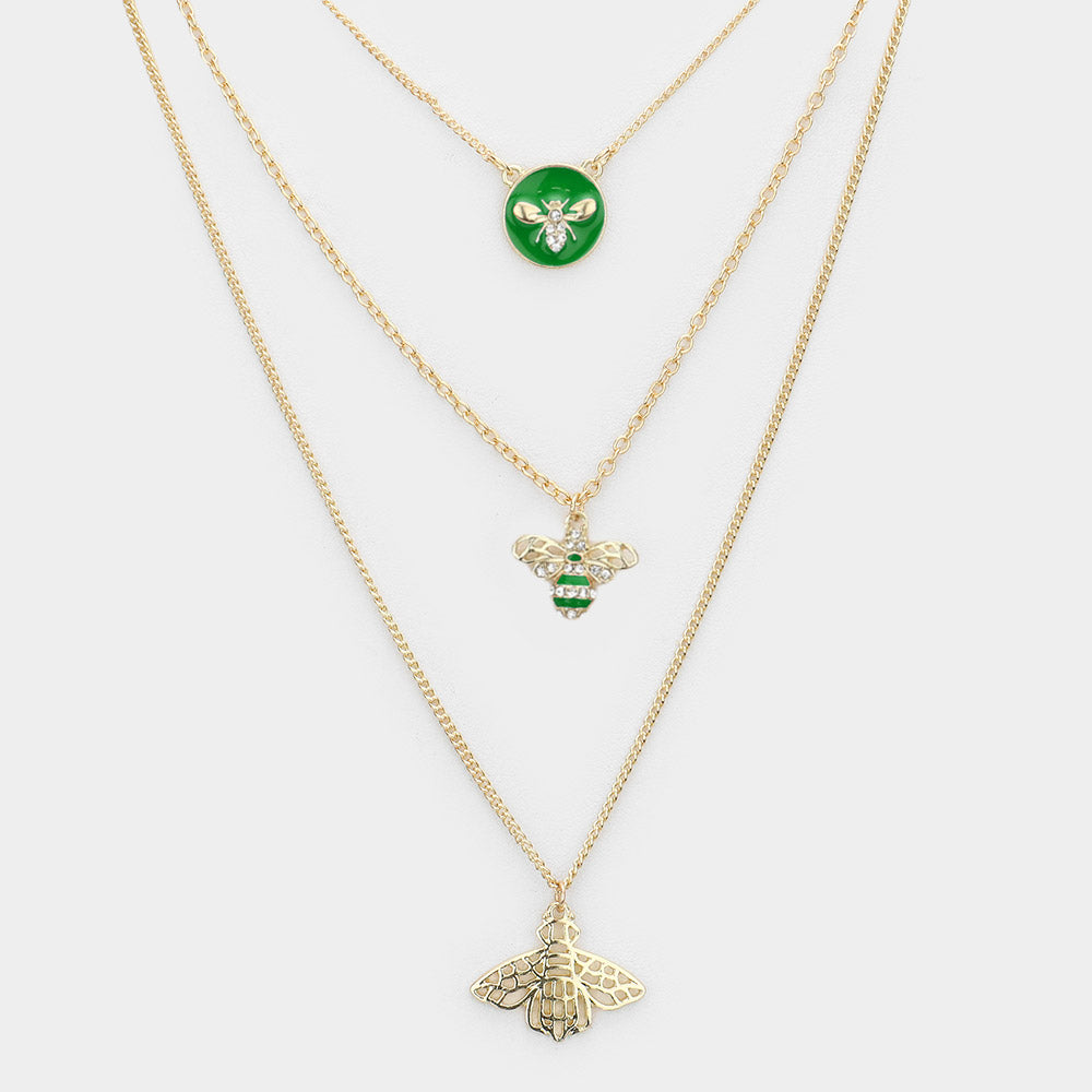 iLLASPARKZ Enamel Rhinestone Embellished Honey Bee Pendant Triple Layered Necklace