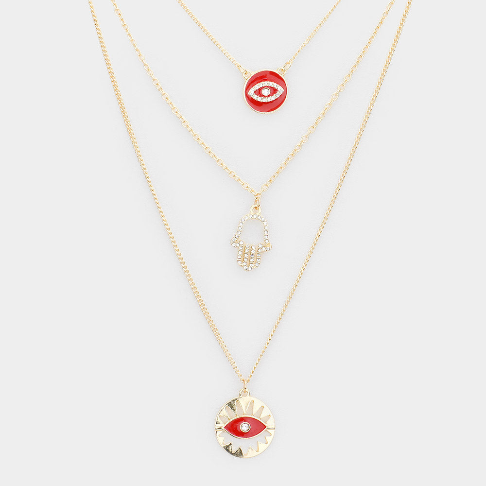 iLLASPARKZ Enamel Rhinestone Embellished Evil Eye Hamsa Hand Pendant Triple Layered Necklace