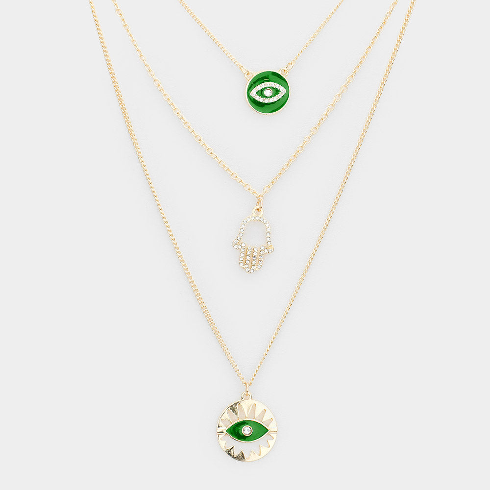 iLLASPARKZ Enamel Rhinestone Embellished Evil Eye Hamsa Hand Pendant Triple Layered Necklace