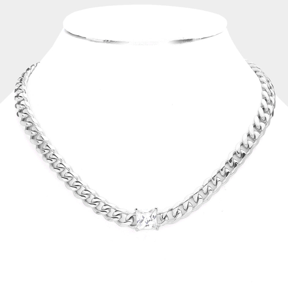 iLLASPARKZ Stainless Steel CZ Square Stone Accented Necklace