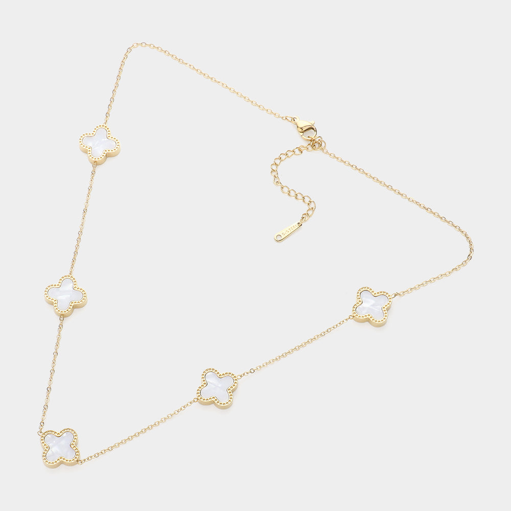 iLLASPARKZ Mother Of Pearl Quatrefoil Station Stainless Steel Necklace