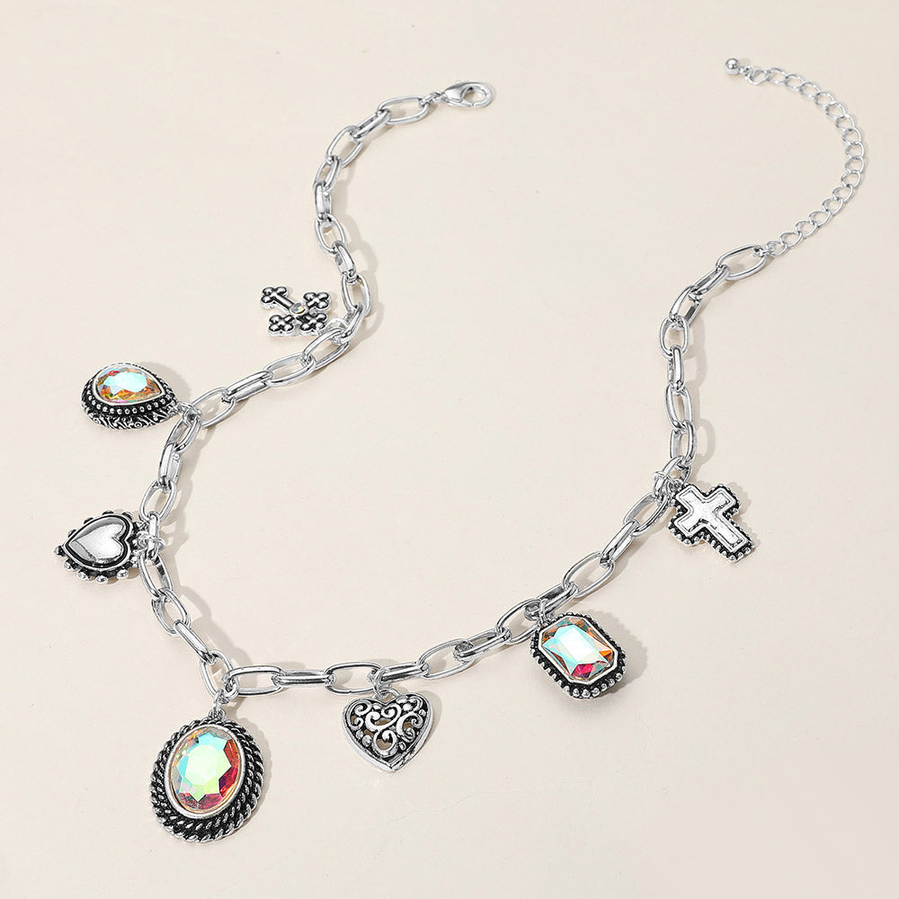 iLLASPARKZ Antique Metal Oval Teardrop Rectangle Stone Cluster Metal Heart Cross Charm Station Necklace