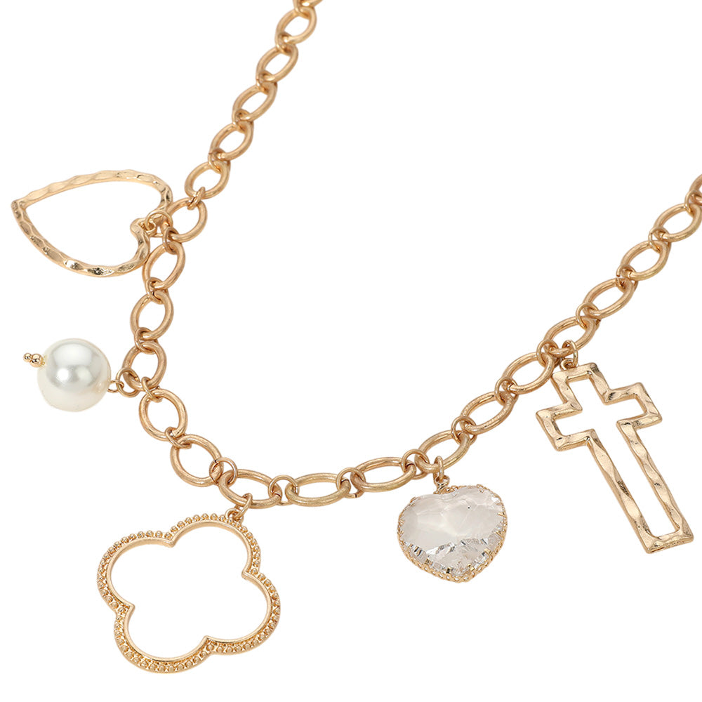iLLASPARKZ Open Quatrefoil Heart Cross Pearl Charm Station Necklace