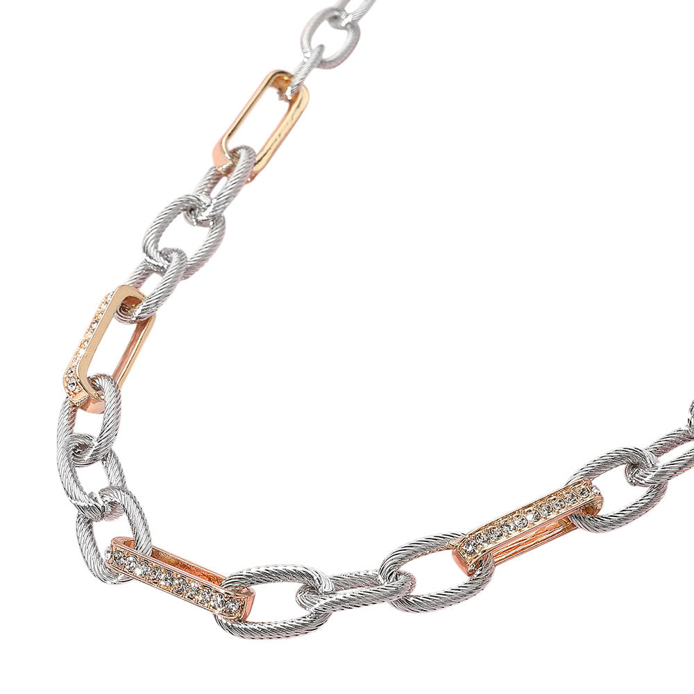 iLLASPARKZ Stone Paved Two Tone Textured Metal Link Chain Necklace