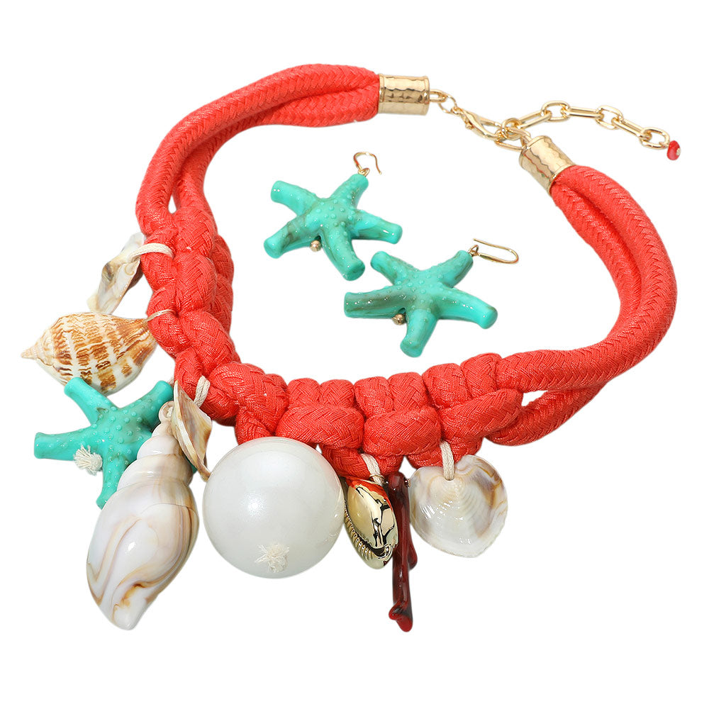 iLLASPARKZ Bold Starfish Seashell Pearl Charm Embellished Chunky Fabric Thread Statement Necklace
