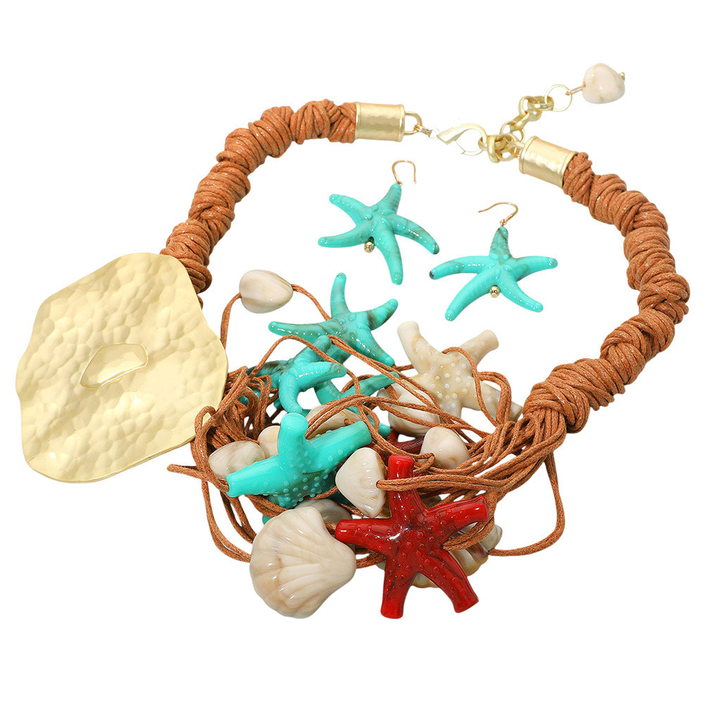 iLLASPARKZ Bold Ceramic Starfish Seashell Charm Wax Cord Beaded Statement Necklace