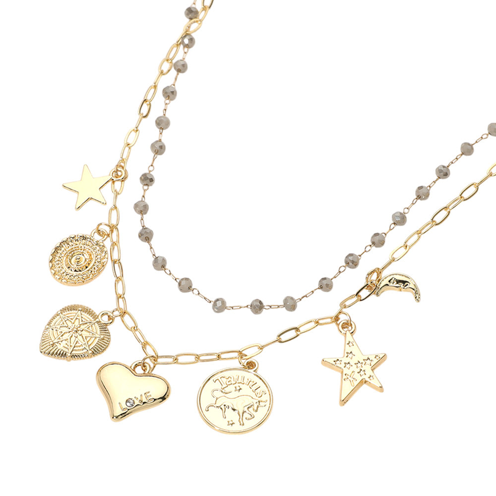 iLLASPARKZ Metal Zodiac Taurus Medal Star Heart Crescent Charm Station Faceted Beads Station Layered Necklace