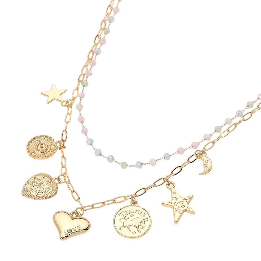 iLLASPARKZ Metal Zodiac Taurus Medal Star Heart Crescent Charm Station Faceted Beads Station Layered Necklace