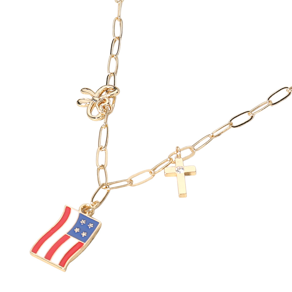 iLLASPARKZ Enamel American USA Flag Metal Cross Bow Charm Station Paperclip Chain Necklace