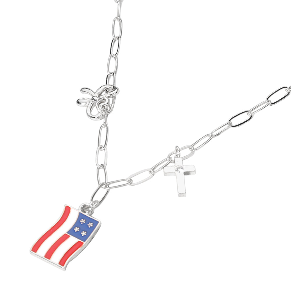 iLLASPARKZ Enamel American USA Flag Metal Cross Bow Charm Station Paperclip Chain Necklace