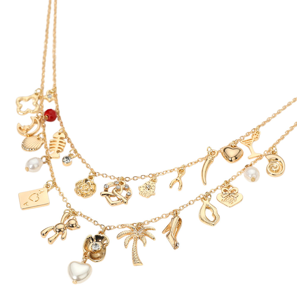 iLLASPARKZ Pretzel Hamsa Hand Heart Pearl Flower Shell Fishbone Wishbone Quatrefoil Teddy Bear Palm Tree Charm Station Double Layered Necklace