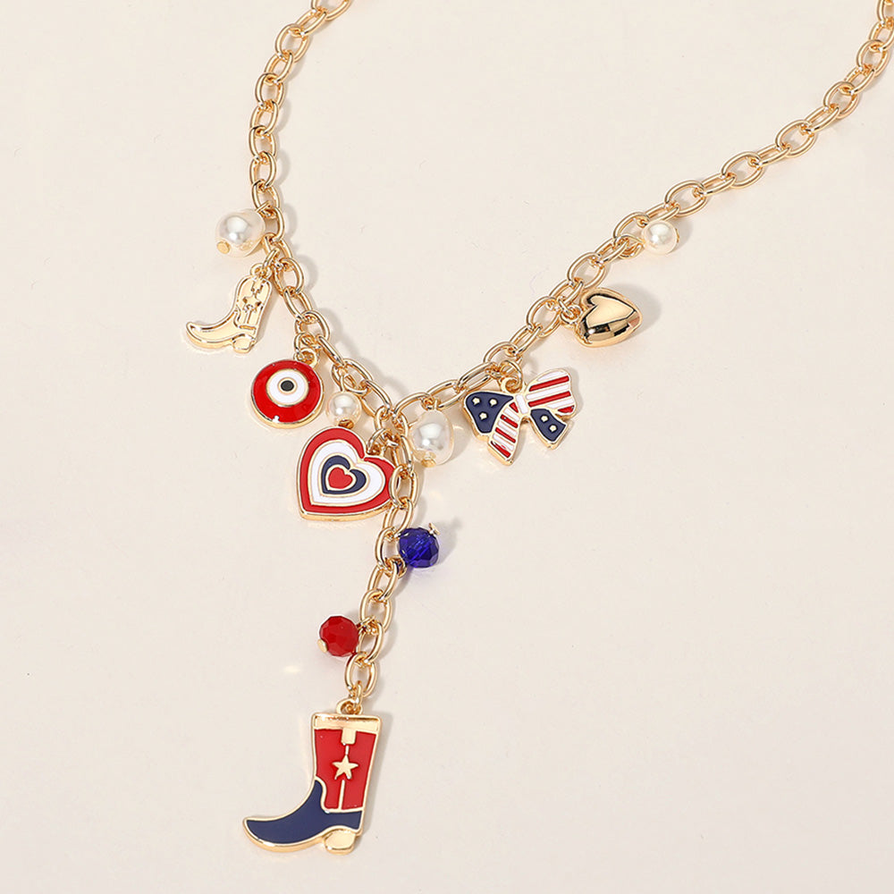 iLLASPARKZ Enamel American USA Flag Western Cowboy Boot Bow Heart Pearl Charm Station Necklace