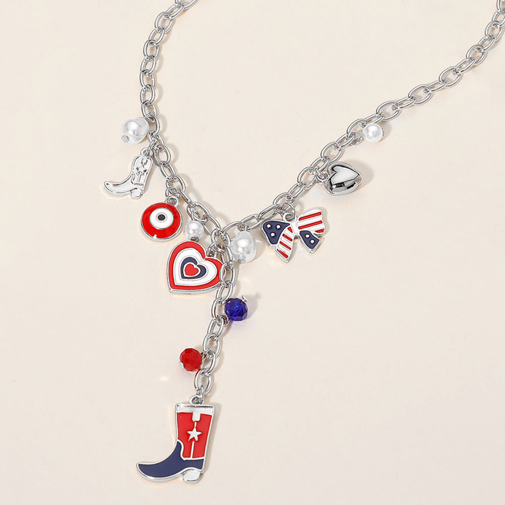 iLLASPARKZ Enamel American USA Flag Western Cowboy Boot Bow Heart Pearl Charm Station Necklace