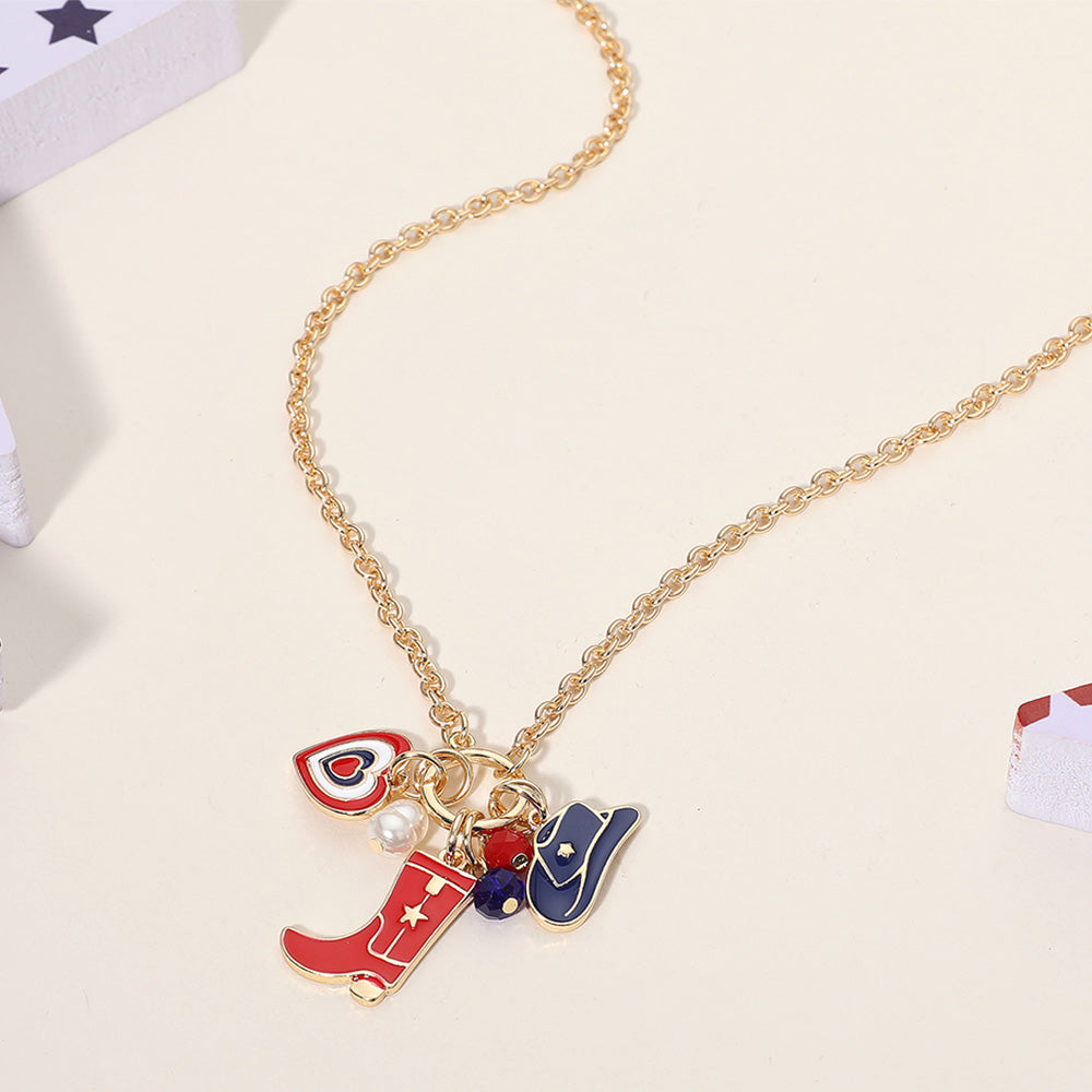iLLASPARKZ Enamel American USA Flag Western Cowboy Boot Hat Heart Pearl Charm Pendant Necklace