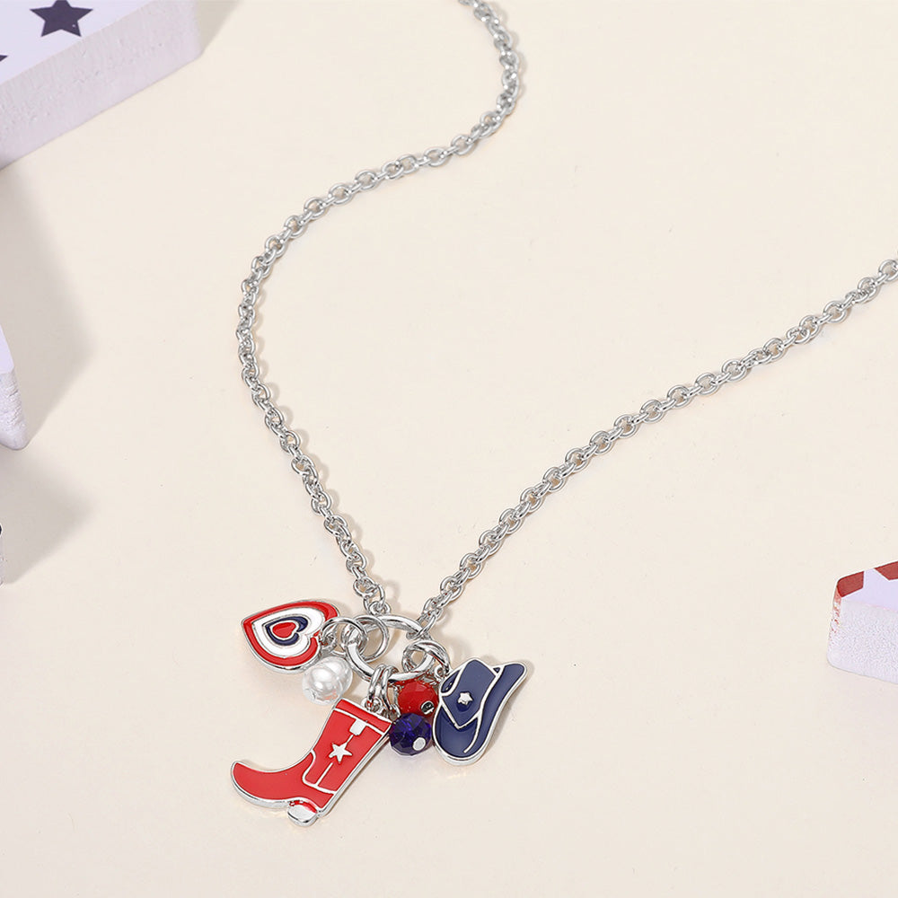 iLLASPARKZ Enamel American USA Flag Western Cowboy Boot Hat Heart Pearl Charm Pendant Necklace