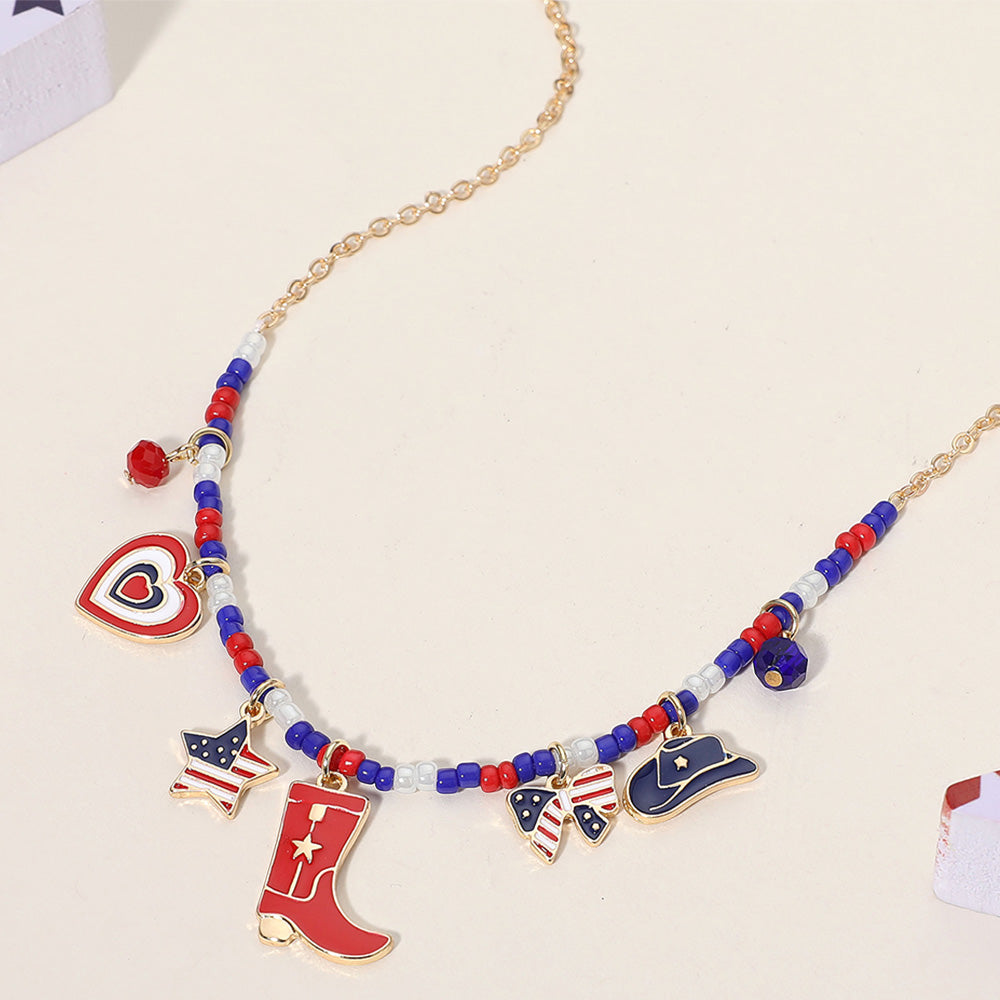 iLLASPARKZ Enamel American USA Flag Western Boot Hat Bow Star Heart Charm Beaded Necklace