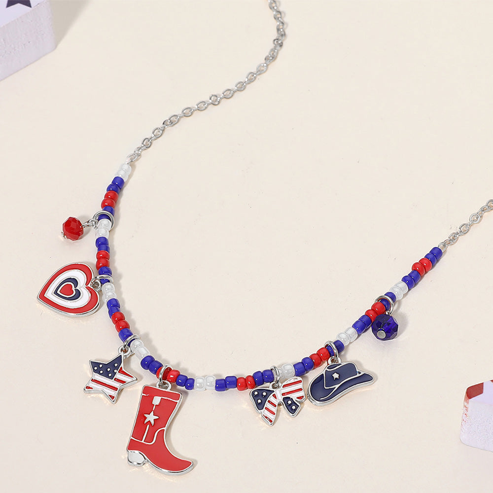 iLLASPARKZ Enamel American USA Flag Western Boot Hat Bow Star Heart Charm Beaded Necklace