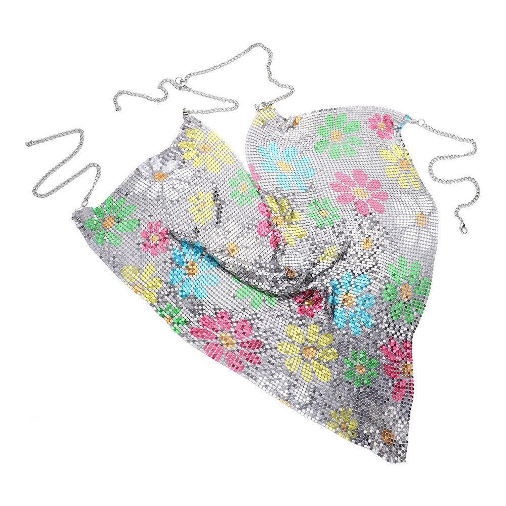 iLLASPARKZ Flower Printed Metal Mesh Camisole Halter Top Body Chain Necklace