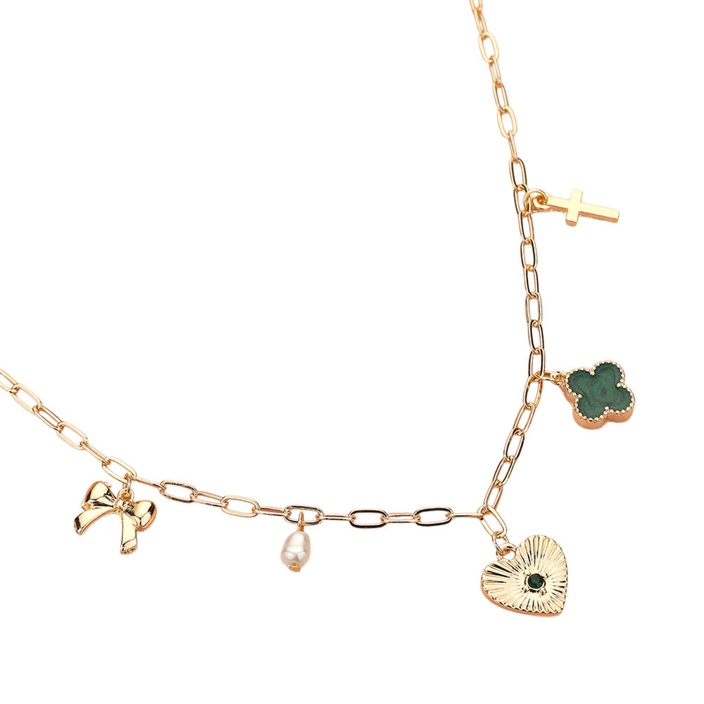 iLLASPARKZ Heart Bow Pearl Quatrefoil Cross Charm Station Paperclip Chain Necklace