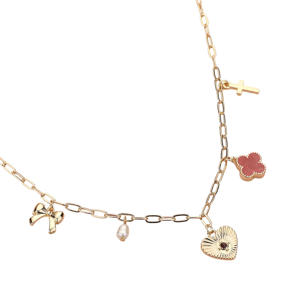 iLLASPARKZ Heart Bow Pearl Quatrefoil Cross Charm Station Paperclip Chain Necklace