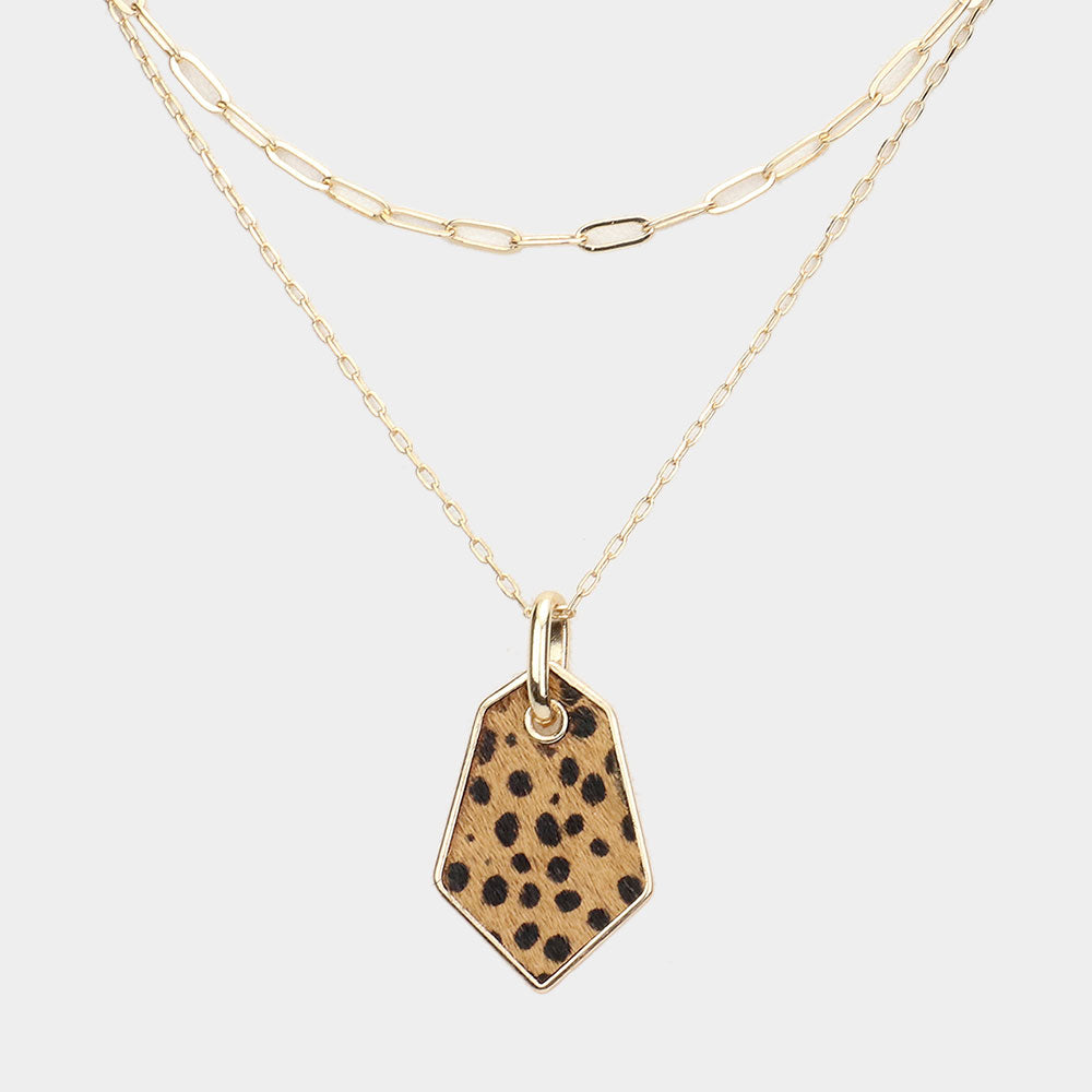 iLLASPARKZ Cheetah Patterned Genuine Leather Angled Pendant Double Layered Necklace