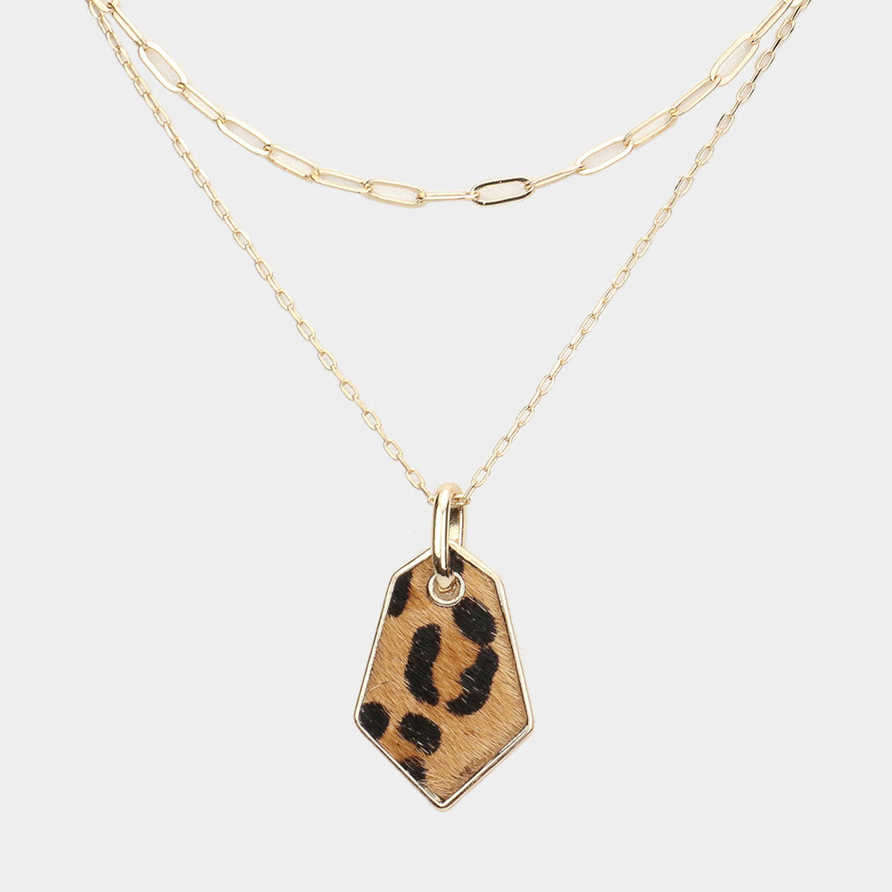 iLLASPARKZ Leopard Patterned Genuine Leather Angled Pendant Double Layered Necklace