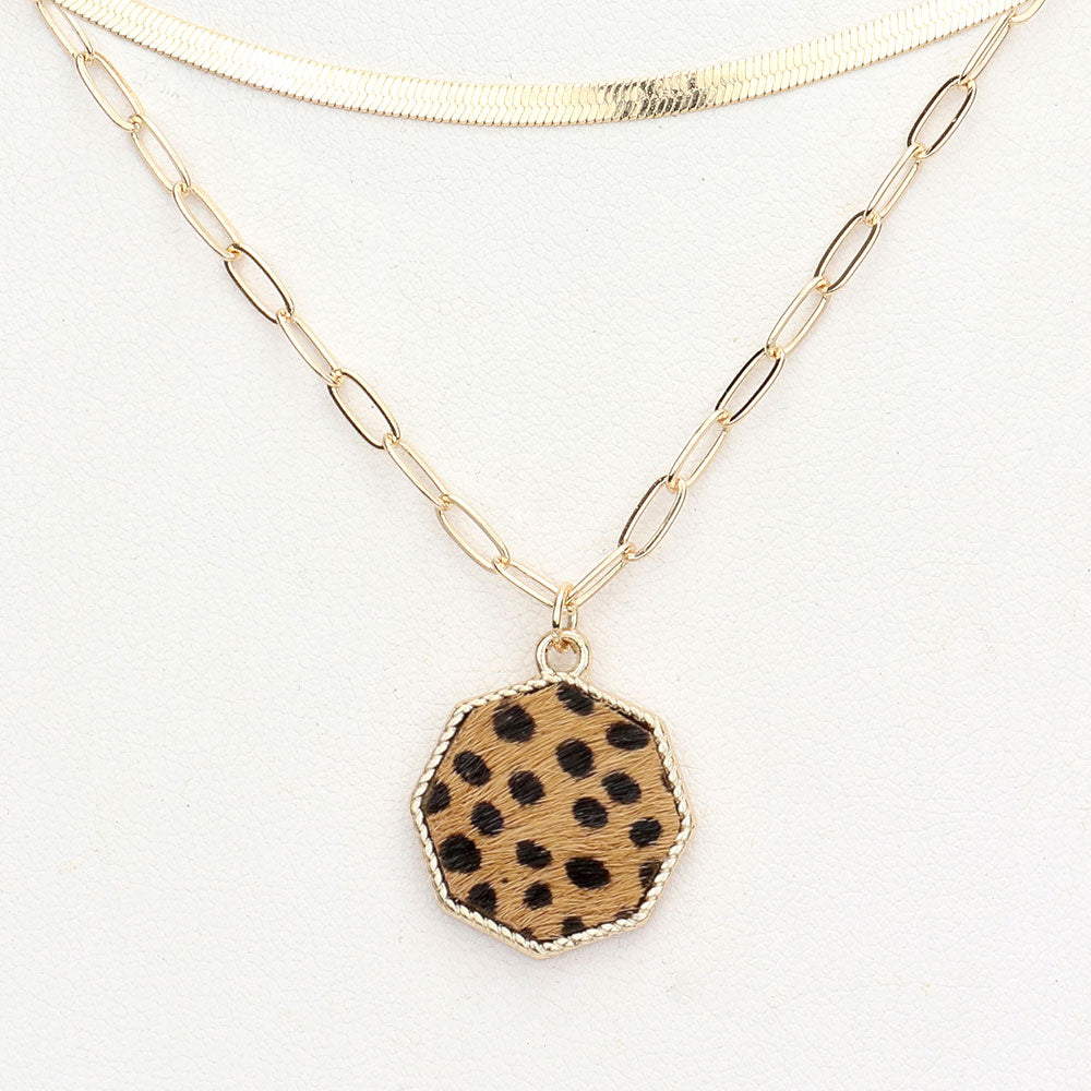 iLLASPARKZ Cheetah Patterned Genuine Leather Octagon Pendant Double Layered Necklace