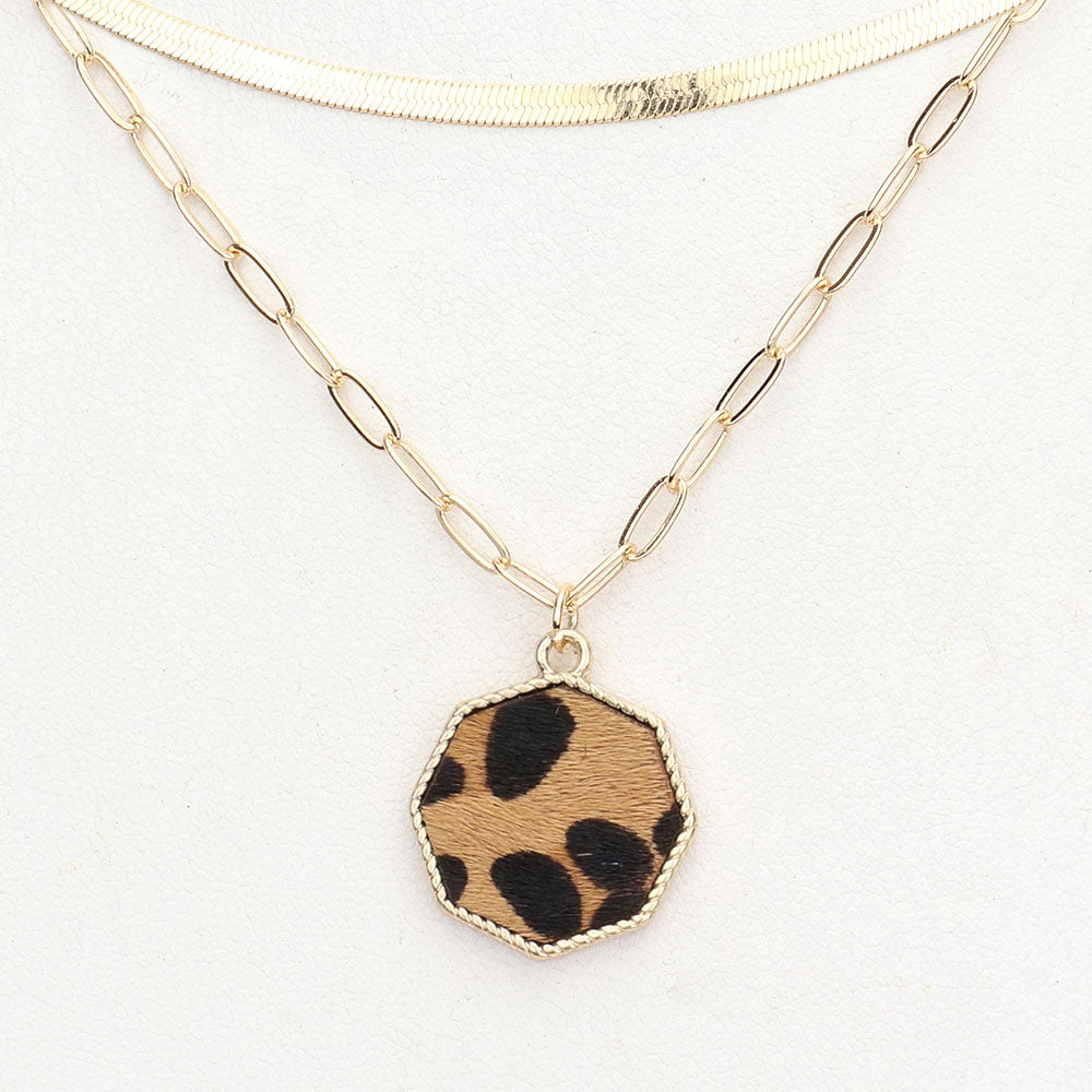 iLLASPARKZ Leopard Patterned Genuine Leather Octagon Pendant Double Layered Necklace