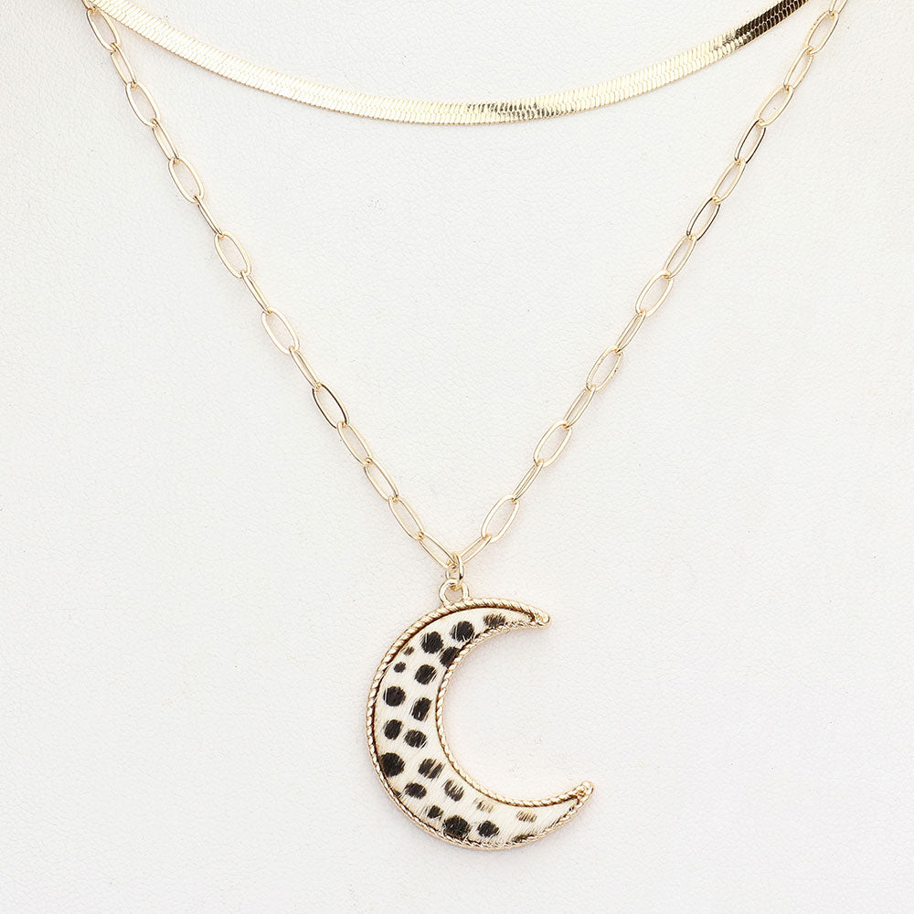 iLLASPARKZ Cheetah Patterned Genuine Leather Crescent Moon Pendant Double Layered Necklace