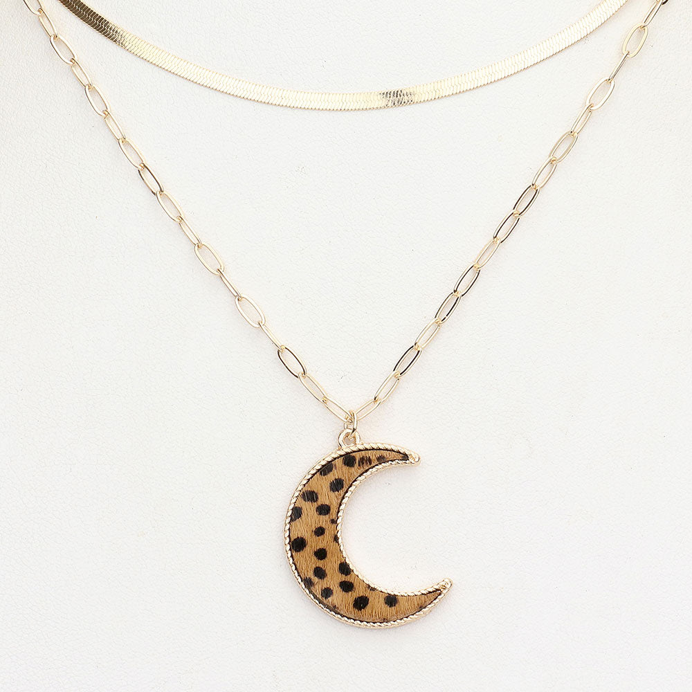 iLLASPARKZ Cheetah Patterned Genuine Leather Crescent Moon Pendant Double Layered Necklace