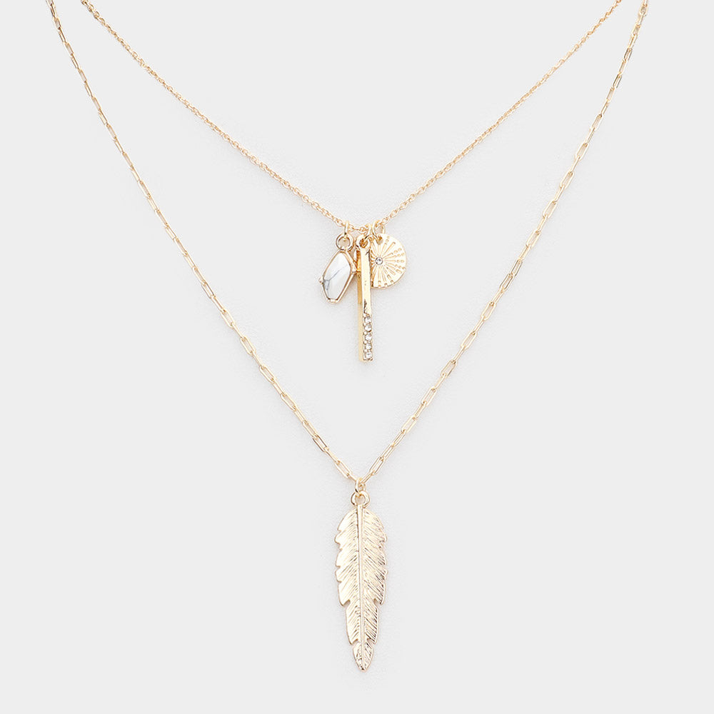 iLLASPARKZ Natural Stone Rhinestone Metal Bar Feather Pendant Double Layered Necklace